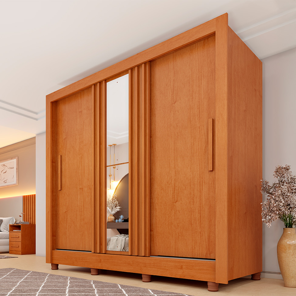 Guarda-Roupa Casal Ripado com Espelho e Pés Paraty Flex 3 Portas 4 Gavetas Cinamomo e Off White