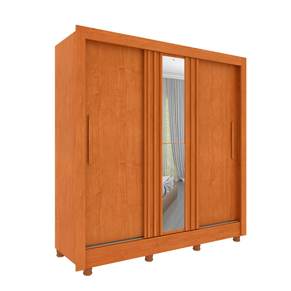 Guarda-Roupa Casal Ripado com Espelho e Pés Paraty Flex 3 Portas 4 Gavetas Cinamomo e Off White