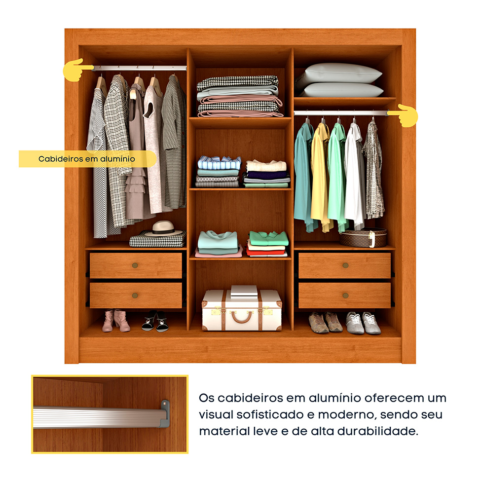 Guarda-Roupa Casal Ripado com Espelho e Pés Paraty Flex 3 Portas 4 Gavetas Cinamomo e Off White