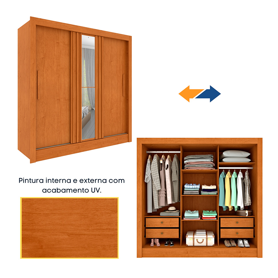 Guarda-Roupa Casal Ripado com Espelho e Pés Paraty Flex 3 Portas 4 Gavetas Cinamomo e Off White