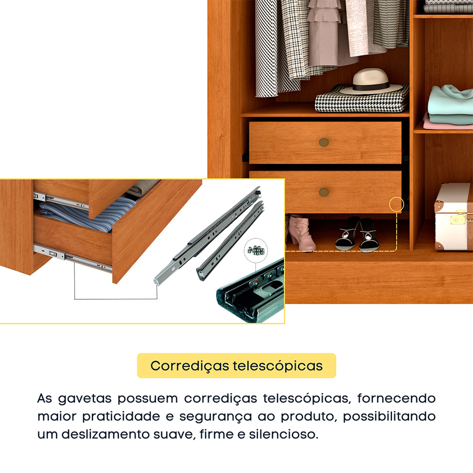Guarda-Roupa Casal Ripado com Espelho e Pés Paraty Flex 3 Portas 4 Gavetas Cinamomo e Off White