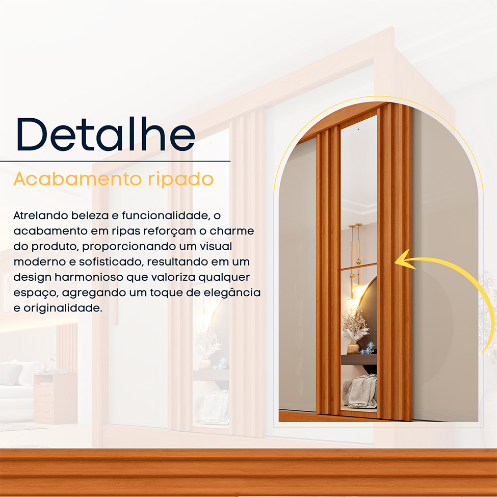Guarda-Roupa Casal Ripado com Espelho e Pés Paraty Flex 3 Portas 4 Gavetas Cinamomo e Off White