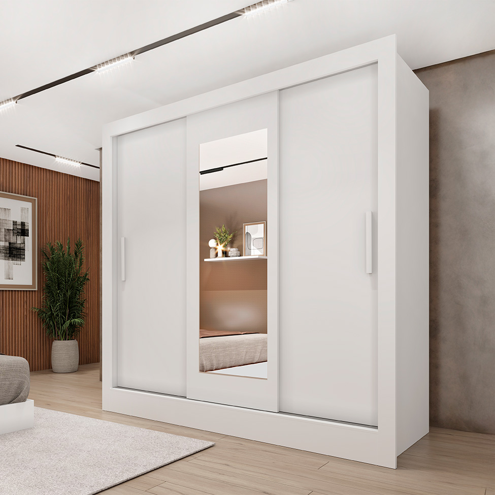 Guarda-Roupa Casal com Espelho Vitoria 3 Portas 4 Gavetas Neve