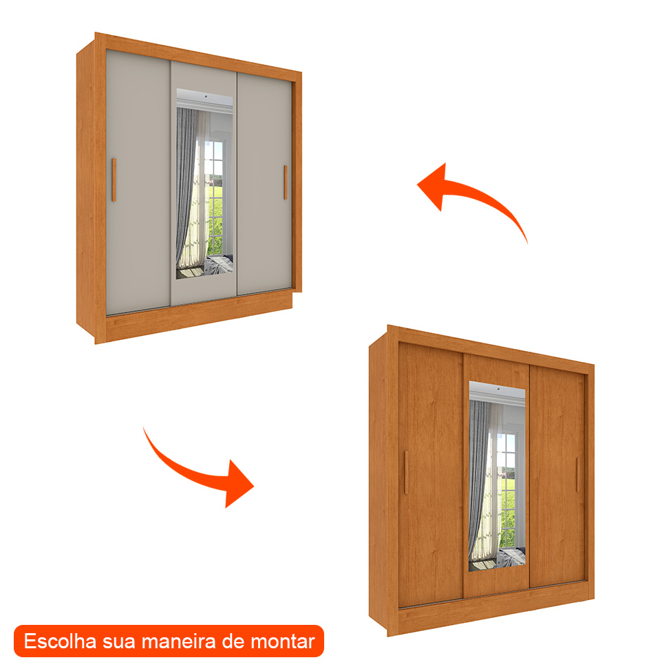 Guarda-Roupa Casal com Espelho Vitoria Flex 3 Portas 4 Gavetas Cinamomo e Off White