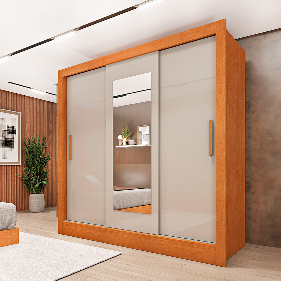 Guarda-Roupa Casal com Espelho Vitoria Flex 3 Portas 4 Gavetas Cinamomo e Off White