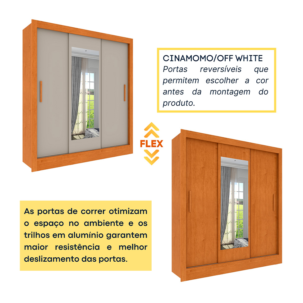 Guarda-Roupa Casal com Espelho Vitoria Flex 3 Portas 4 Gavetas Cinamomo e Off White