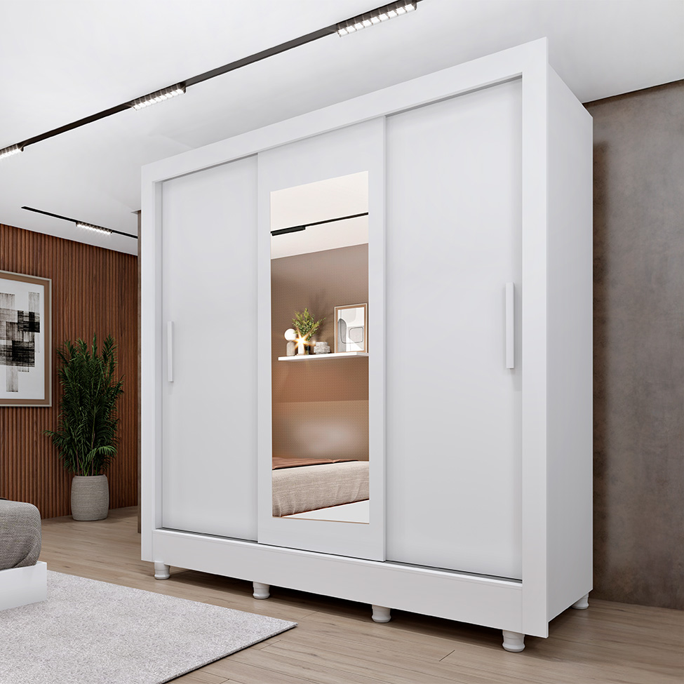 Guarda-Roupa Casal com Espelho e Pés Vitoria 3 Portas 4 Gavetas Neve