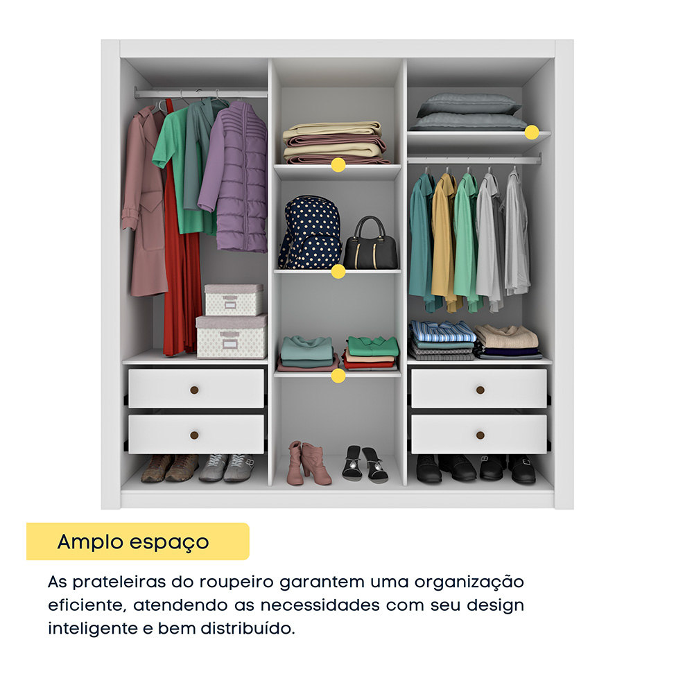 Guarda-Roupa Casal com Espelho e Pés Vitoria 3 Portas 4 Gavetas Neve