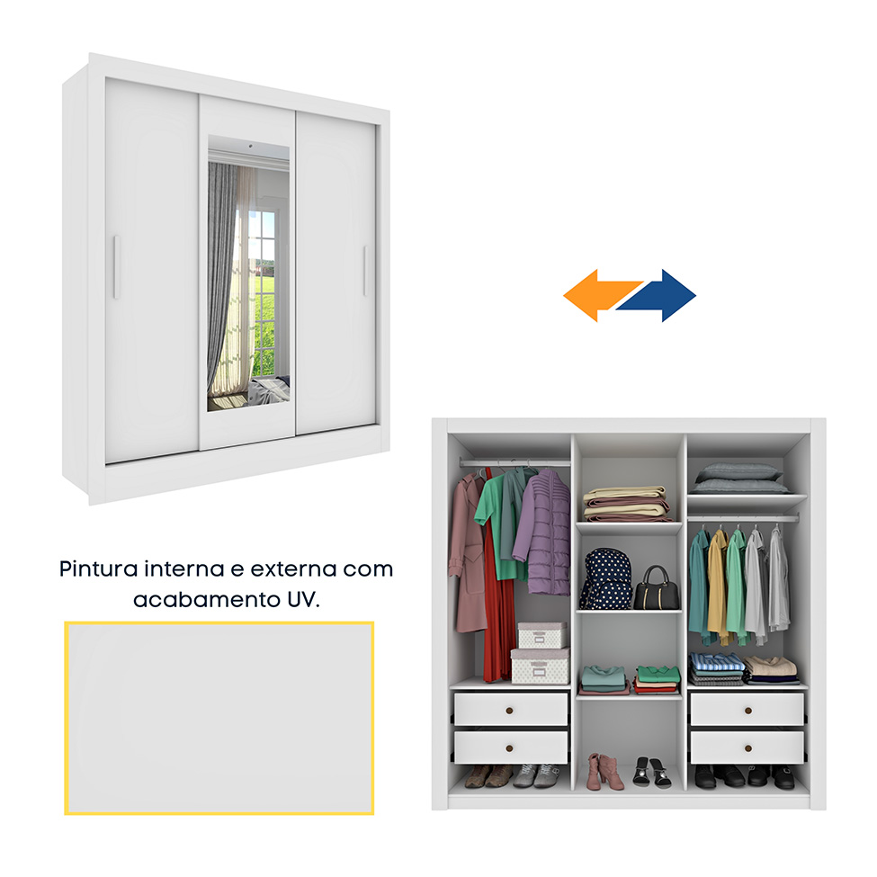 Guarda-Roupa Casal com Espelho e Pés Vitoria 3 Portas 4 Gavetas Neve