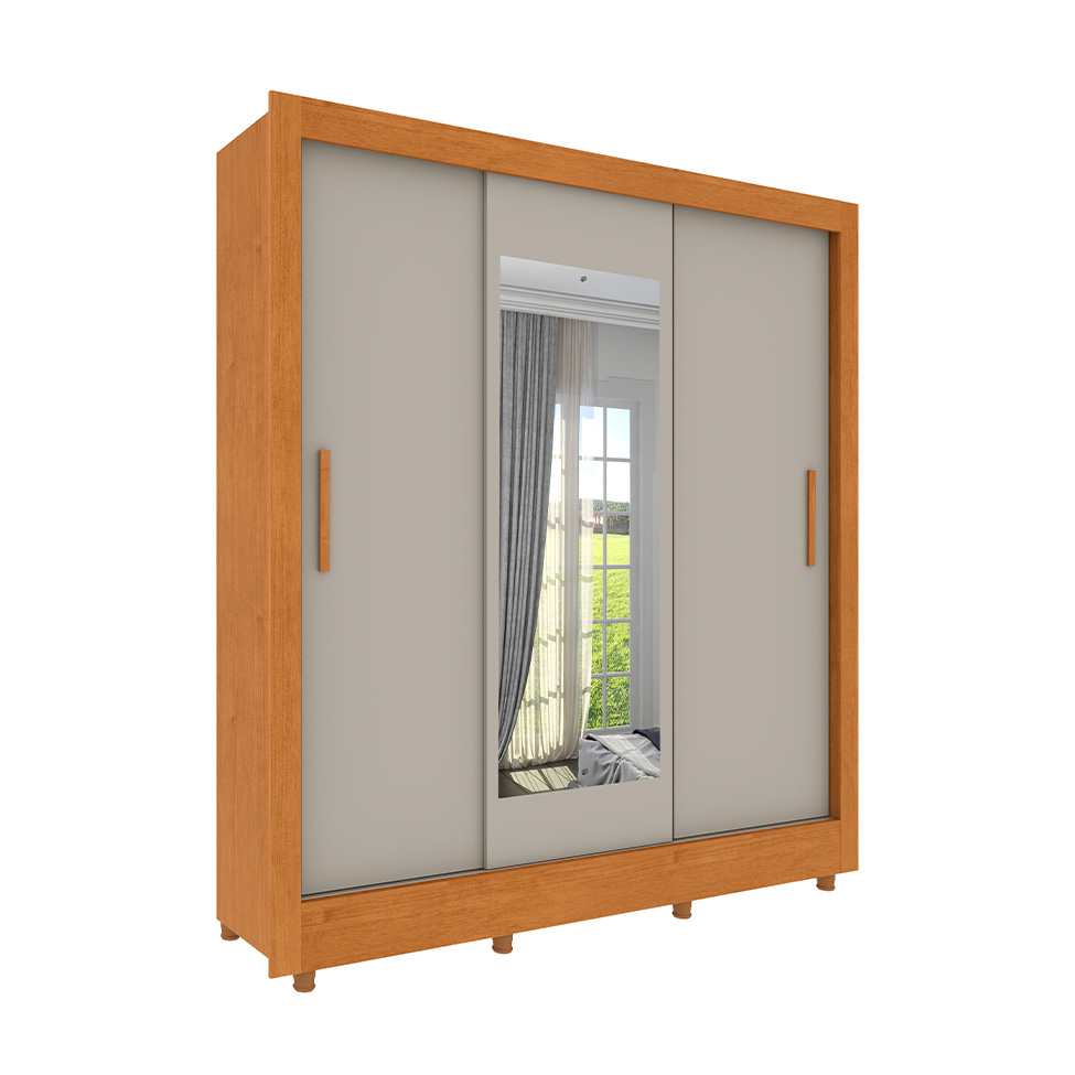 Guarda-Roupa Casal com Espelho e Pés Vitoria Flex 3 Portas 4 Gavetas Cinamomo e Off White