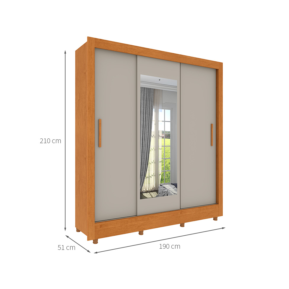 Guarda-Roupa Casal com Espelho e Pés Vitoria Flex 3 Portas 4 Gavetas Cinamomo e Off White