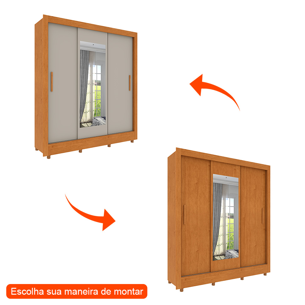 Guarda-Roupa Casal com Espelho e Pés Vitoria Flex 3 Portas 4 Gavetas Cinamomo e Off White