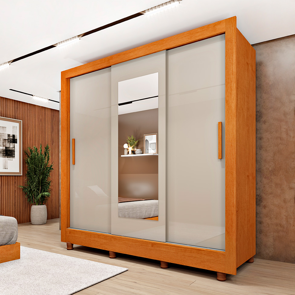 Guarda-Roupa Casal com Espelho e Pés Vitoria Flex 3 Portas 4 Gavetas Cinamomo e Off White