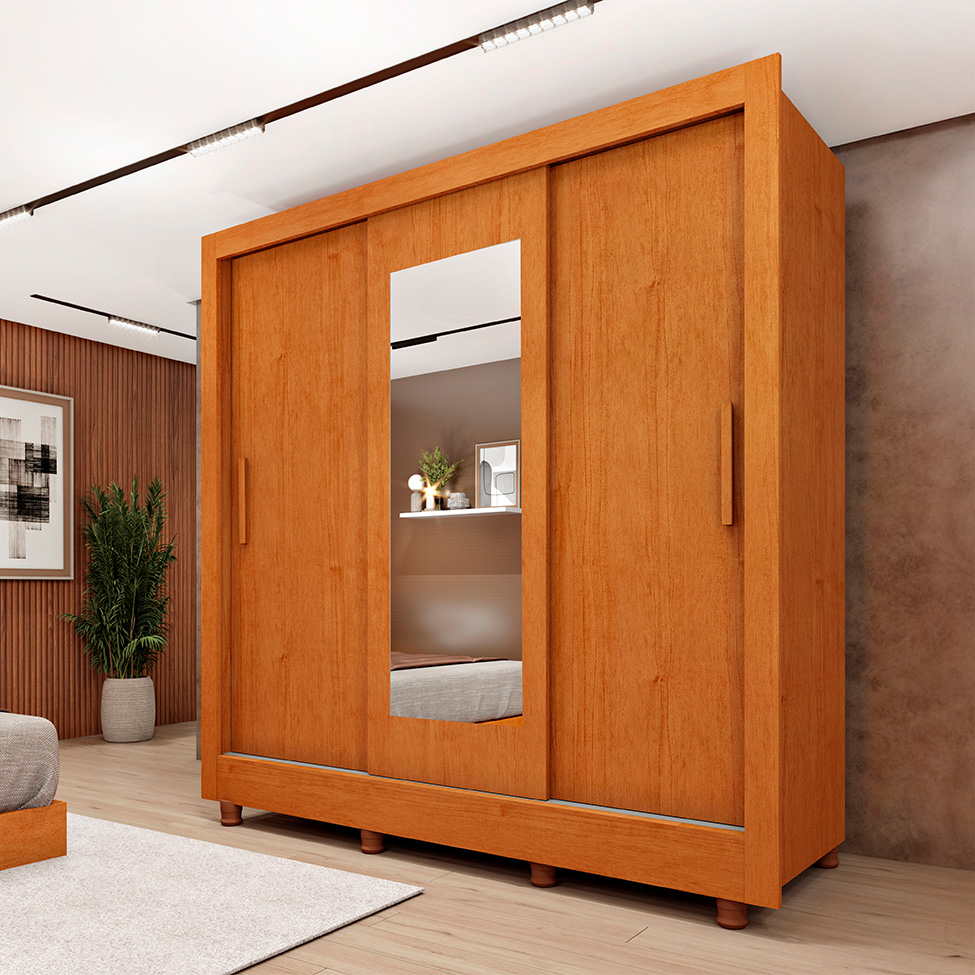 Guarda-Roupa Casal com Espelho e Pés Vitoria Flex 3 Portas 4 Gavetas Cinamomo e Off White