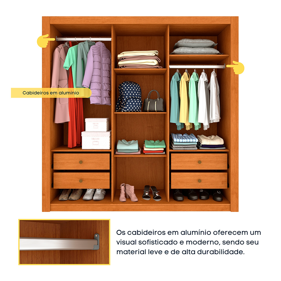 Guarda-Roupa Casal com Espelho e Pés Vitoria Flex 3 Portas 4 Gavetas Cinamomo e Off White