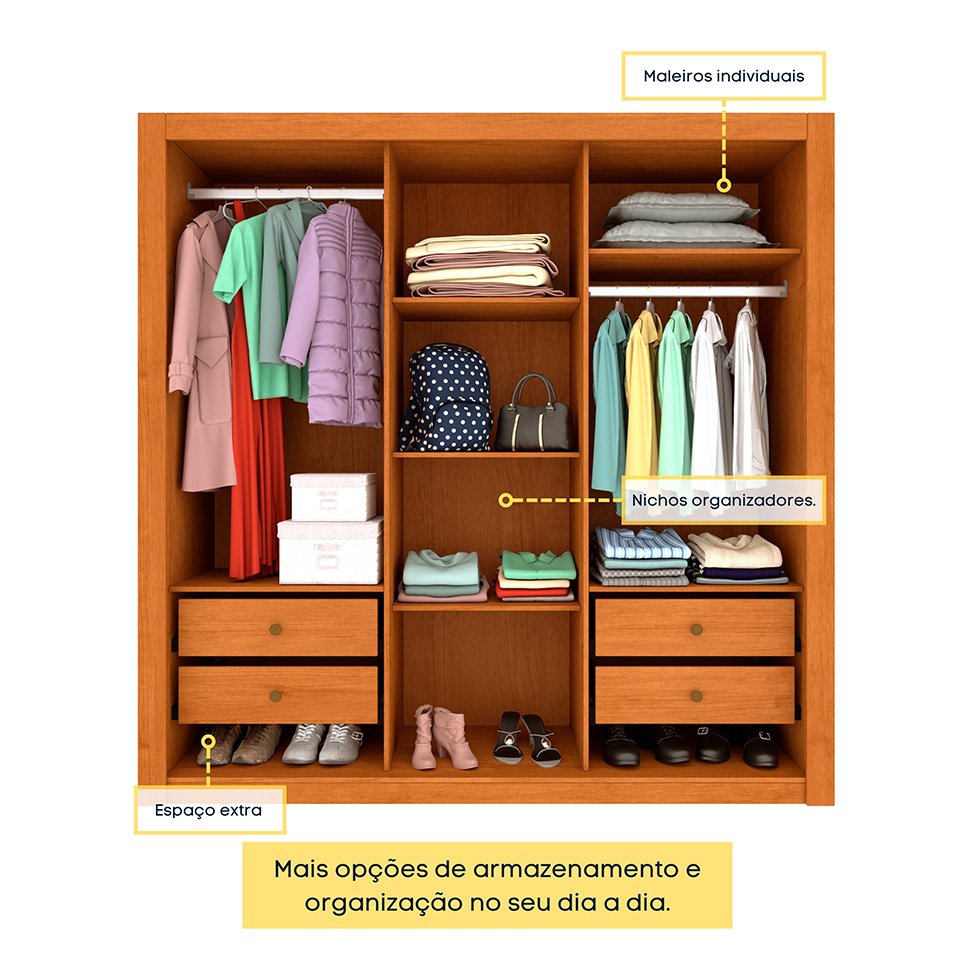 Guarda-Roupa Casal com Espelho e Pés Vitoria Flex 3 Portas 4 Gavetas Cinamomo e Off White
