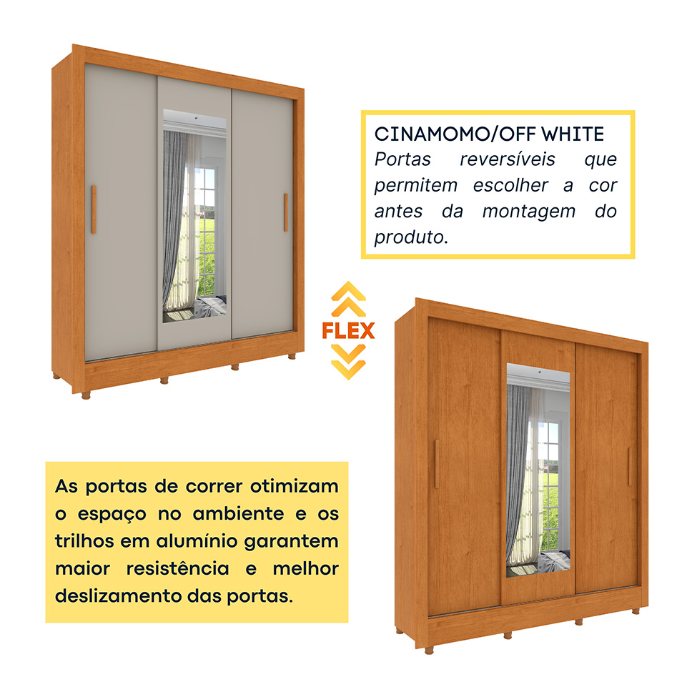 Guarda-Roupa Casal com Espelho e Pés Vitoria Flex 3 Portas 4 Gavetas Cinamomo e Off White