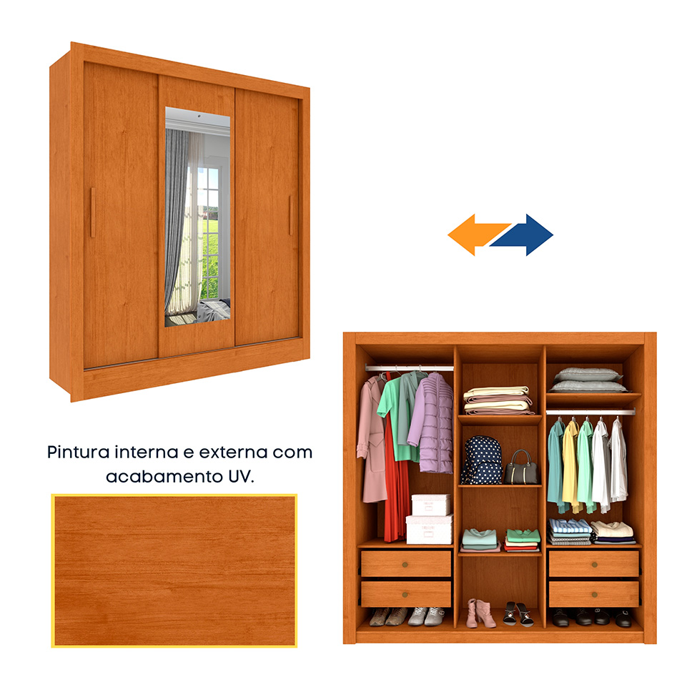 Guarda-Roupa Casal com Espelho e Pés Vitoria Flex 3 Portas 4 Gavetas Cinamomo e Off White