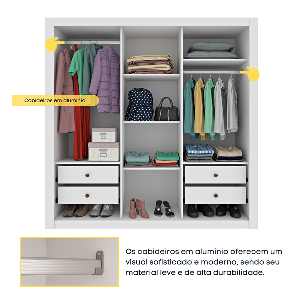 Guarda-Roupa Casal com Pés Vitoria 3 Portas 4 Gavetas Neve