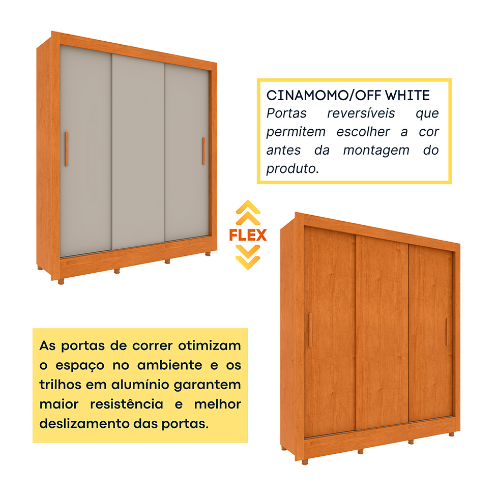 Guarda-Roupa Casal com Pés Vitoria Flex 3 Portas 4 Gavetas Cinamomo e Off White