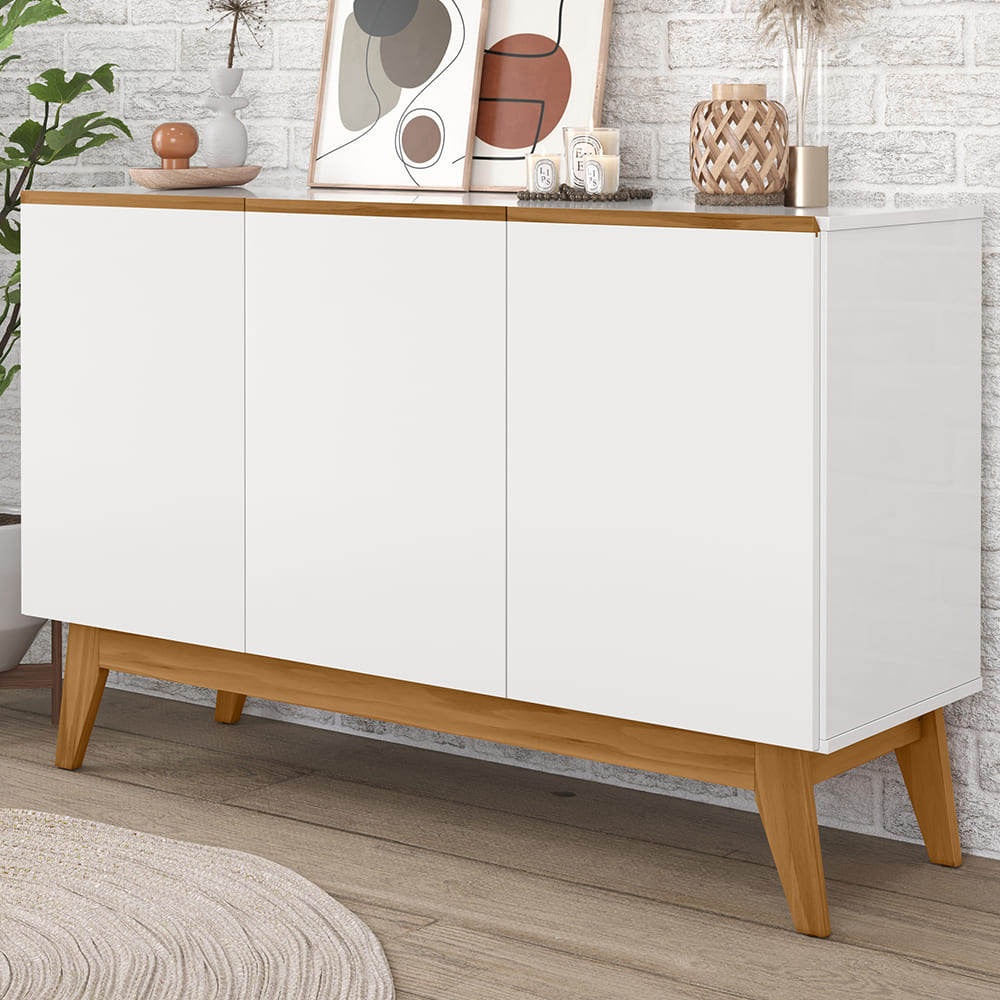 Balcao Buffet Ares 3 Portas 122 cm Branco Nature Tebar