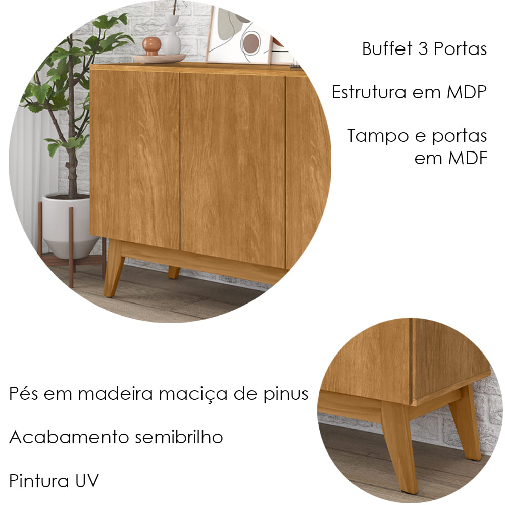 Balcao Buffet Ares 3 Portas 122 cm Nature Tebar