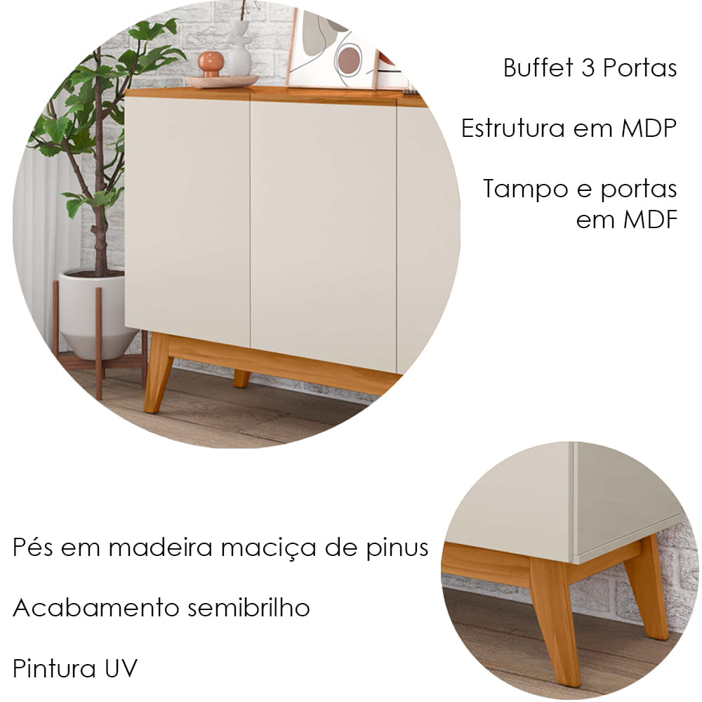 Balcao Buffet Ares 3 Portas 122 cm Off White Nature Tebar