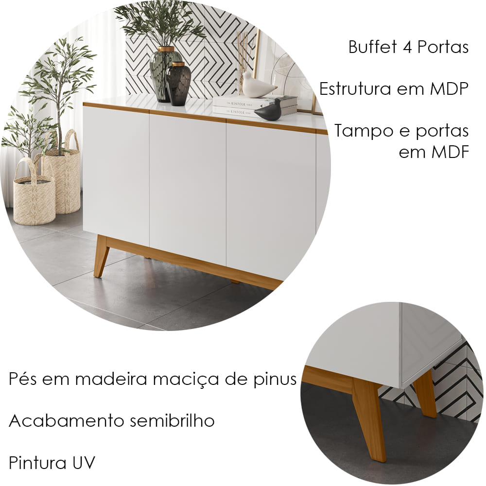 Balcao Buffet Ares 4 Portas 161 cm Branco Nature Tebar
