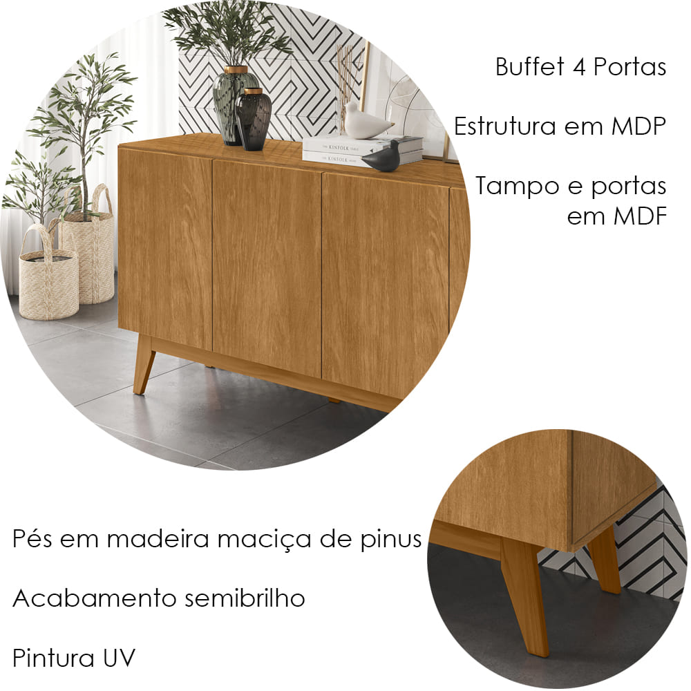 Balcao Buffet Ares 4 Portas 161 cm Nature Tebar