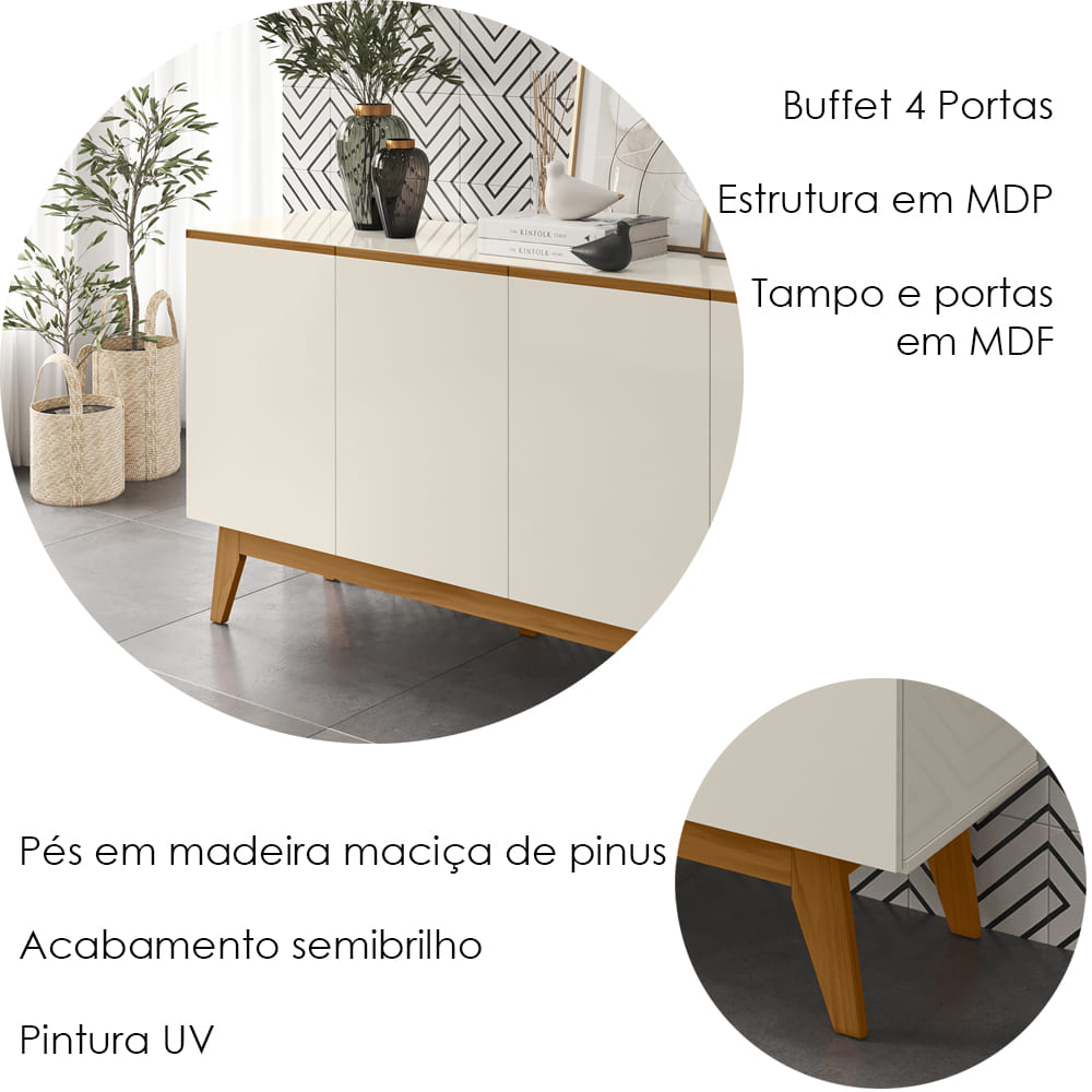 Balcao Buffet Ares 4 Portas 161 cm Off White Nature Tebar