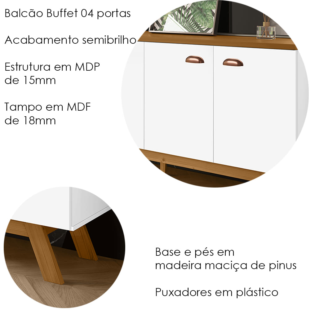 Balcao Buffet Atlanta 4 Portas 164 cm Branco Nature Tebar