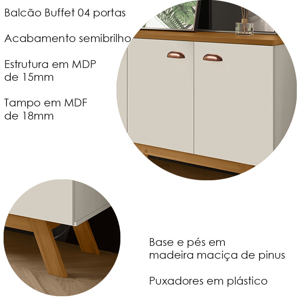 Balcao Buffet Atlanta 4 Portas 164 cm Off White Nature Tebar