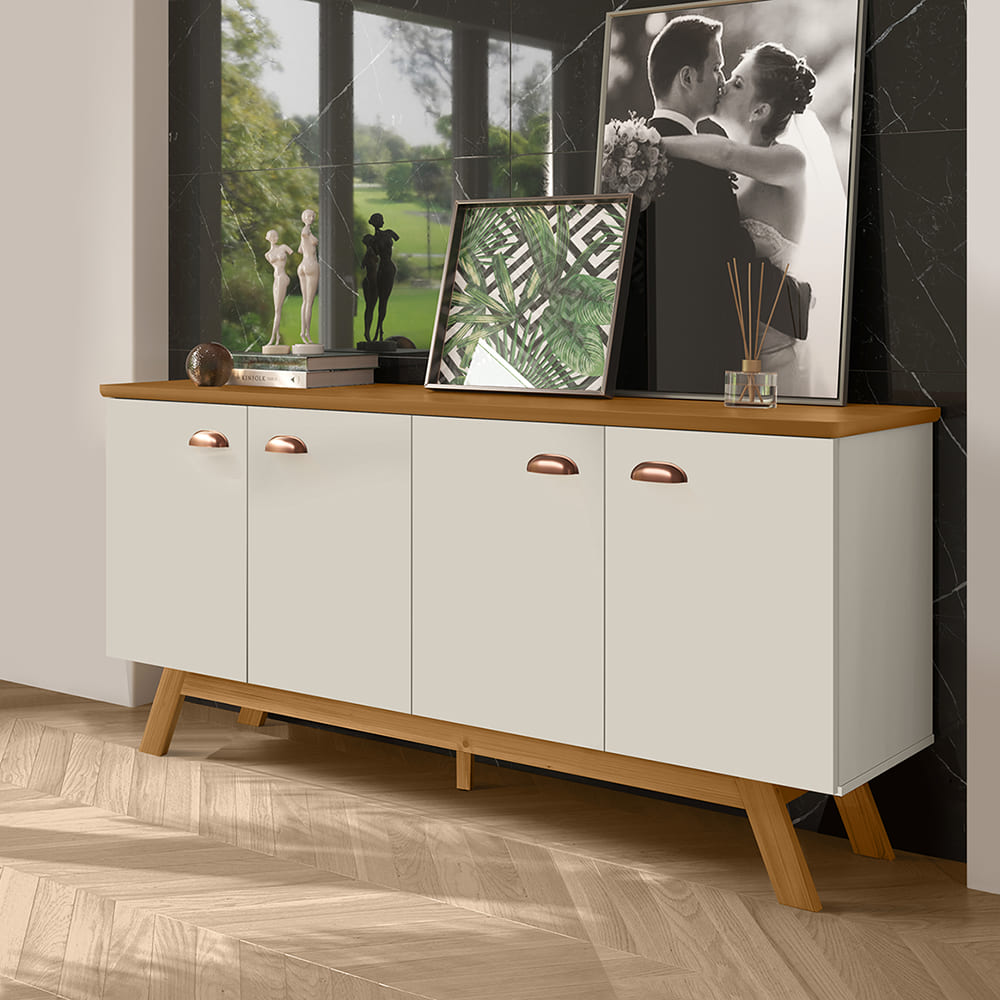 Balcao Buffet Atlanta 4 Portas 164 cm Off White Nature Tebar