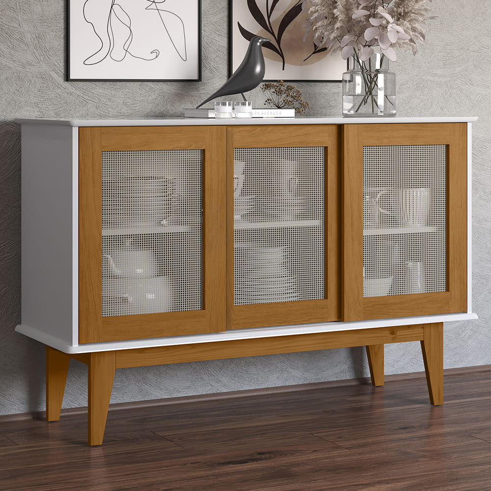 Balcao Buffet Detroit 3 Portas Correr 125 cm Branco Nature Tebar