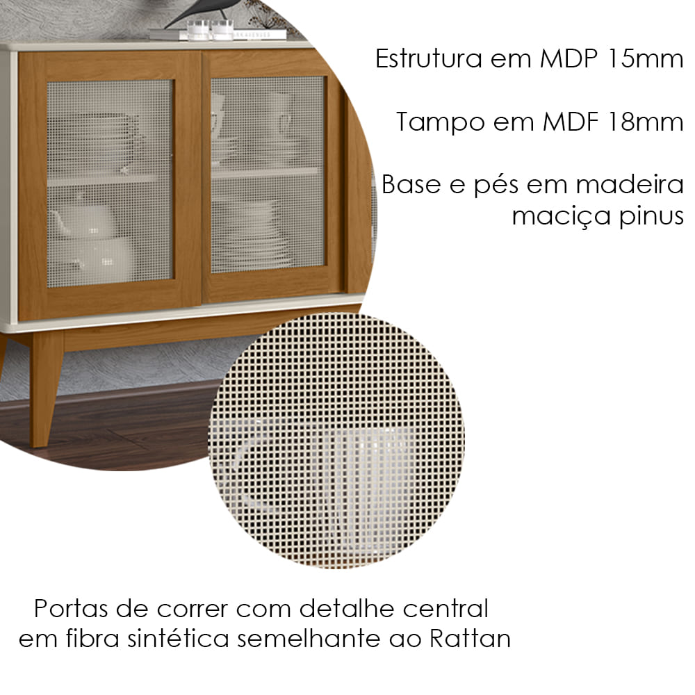 Balcao Buffet Detroit 3 Portas Correr 125 cm Off White Nature Tebar