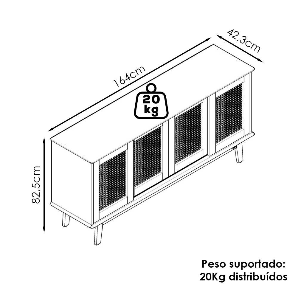 Balcao Buffet Detroit 4 Portas Correr 164 cm Off White Nature Tebar
