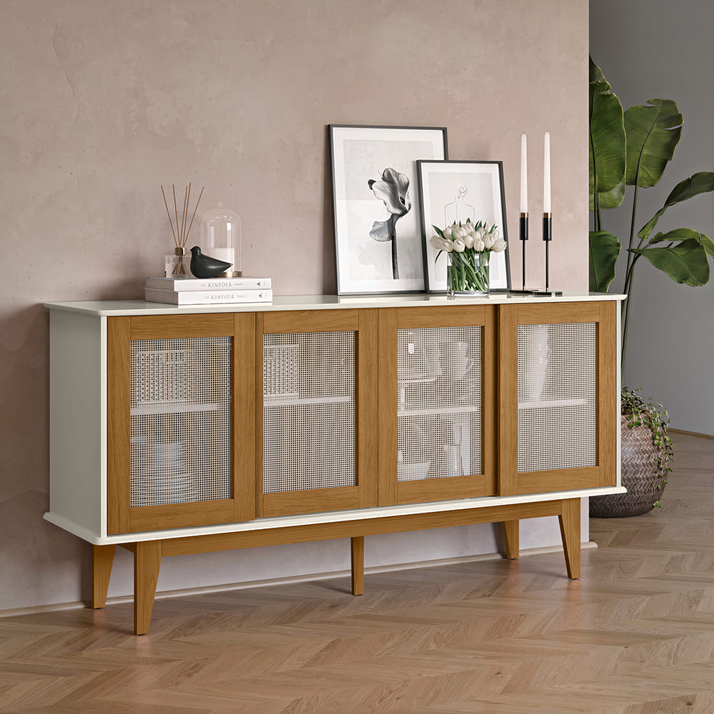 Balcao Buffet Detroit 4 Portas Correr 164 cm Off White Nature Tebar