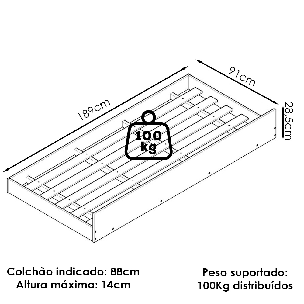 Cama Auxiliar Solteiro Barcelona Branco Tebar