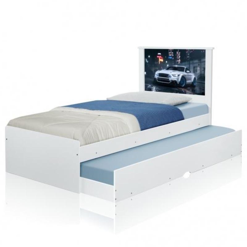 Cama Bibox Solteiro Carro Branco Potente com Colchões