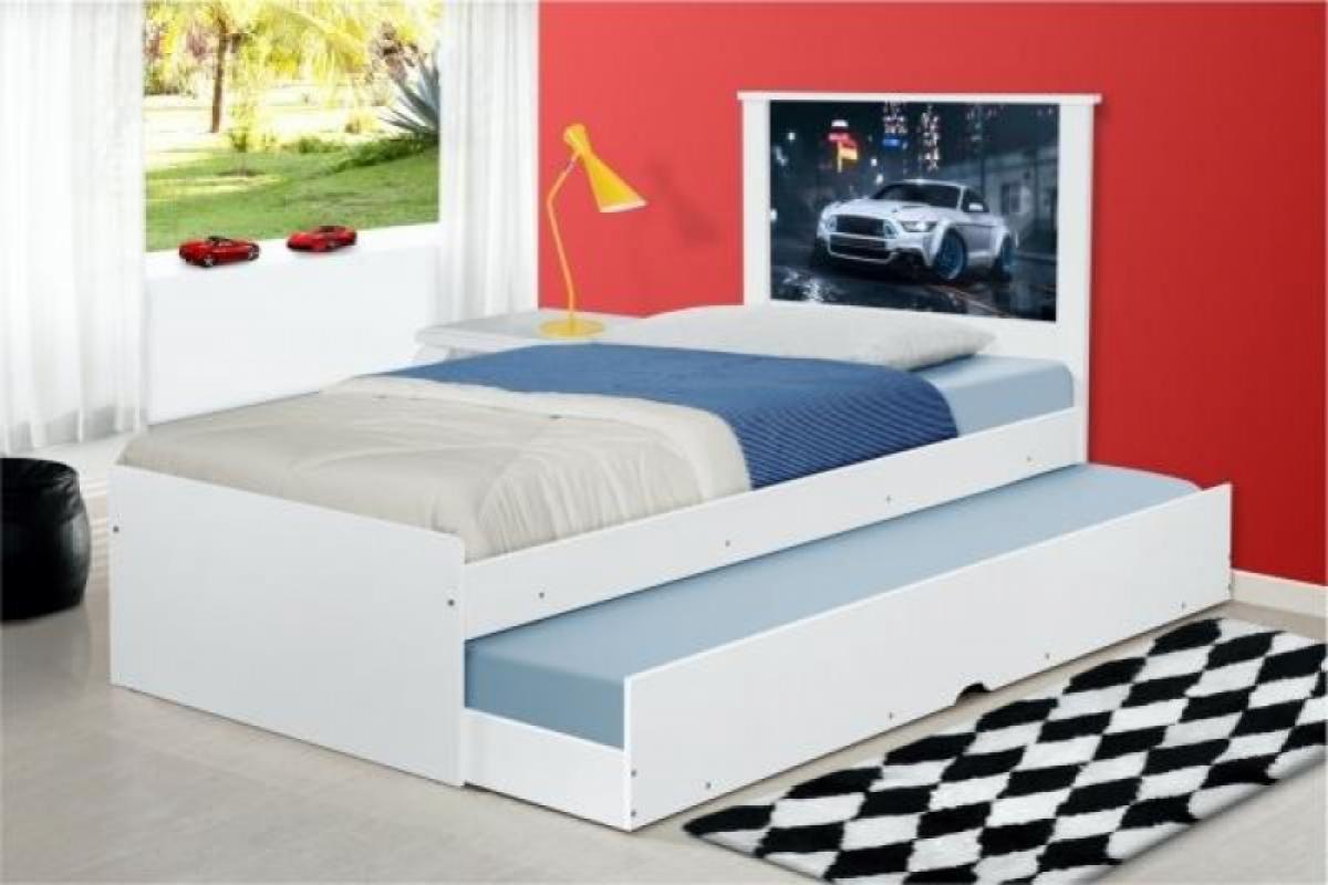 Cama Bibox Solteiro Carro Branco Potente com Colchões
