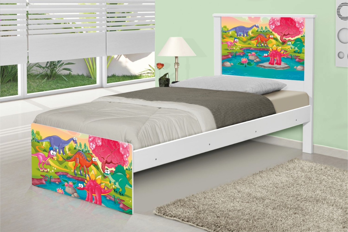 Cama Solteiro Adesivada Dinossauros Coloridos com Colchão