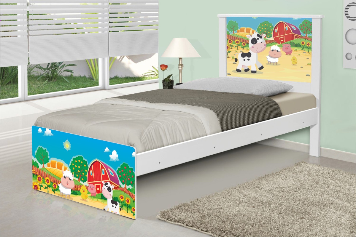 Cama Solteiro Adesivada Fazendinha Colorida com Colchão