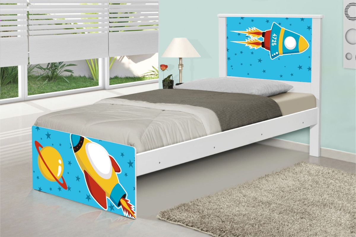 Cama Solteiro Adesivada Foguete Espacial com Colchão