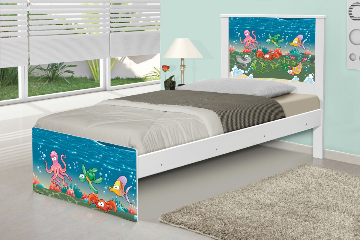 Cama Solteiro Adesivada Fundo do Mar com Colchão