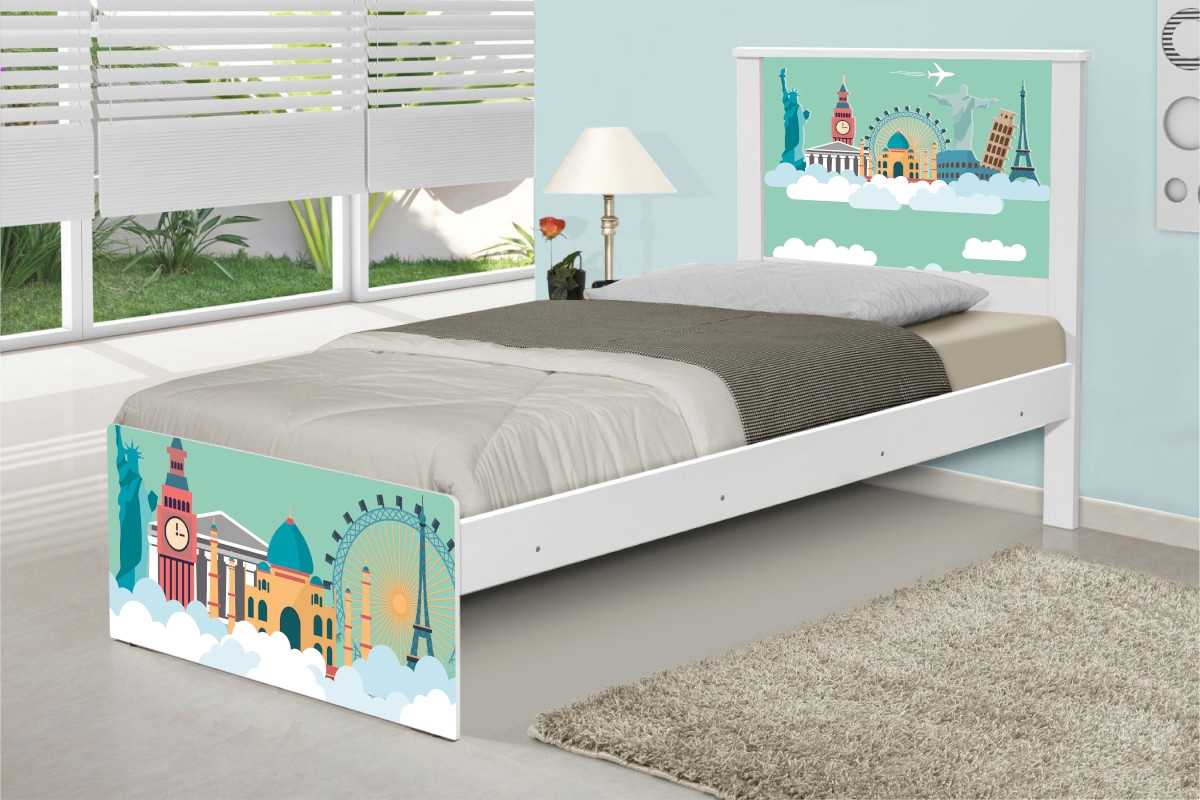 Cama Solteiro Adesivada Mundo Viagens com Colchão