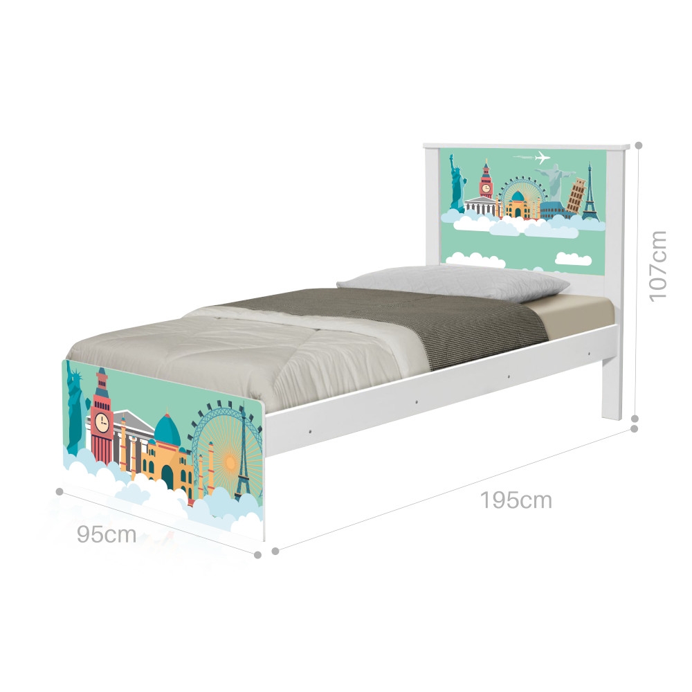 Cama Solteiro Adesivada Mundo Viagens com Colchão