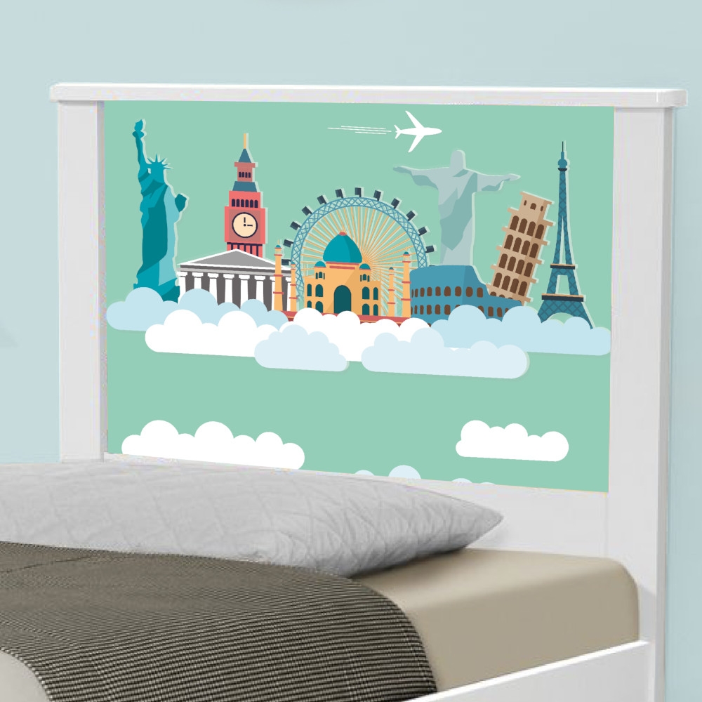 Cama Solteiro Adesivada Mundo Viagens com Colchão