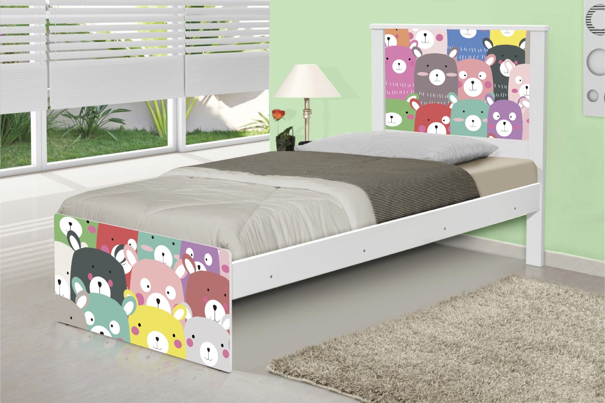 Cama Solteiro Adesivada Ursinhos Coloridos com Colchão