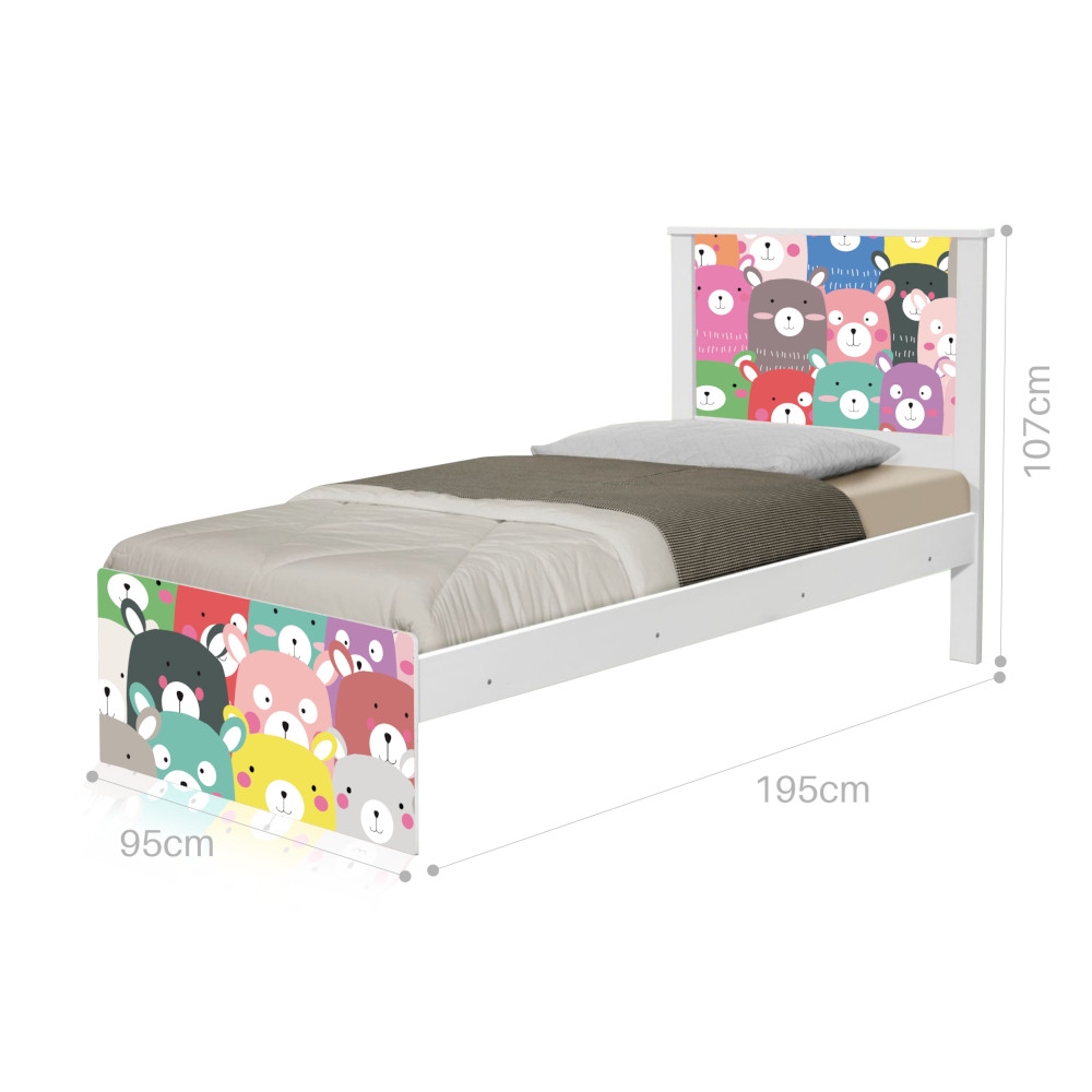 Cama Solteiro Adesivada Ursinhos Coloridos com Colchão