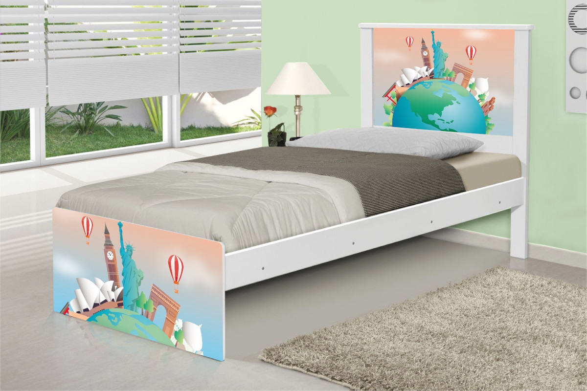 Cama Solteiro Adesivada Volta ao Mundo com Colchão